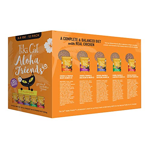 Chicken flavor pouch from Tiki Cat Aloha Friends highlighting grain-free nutrition