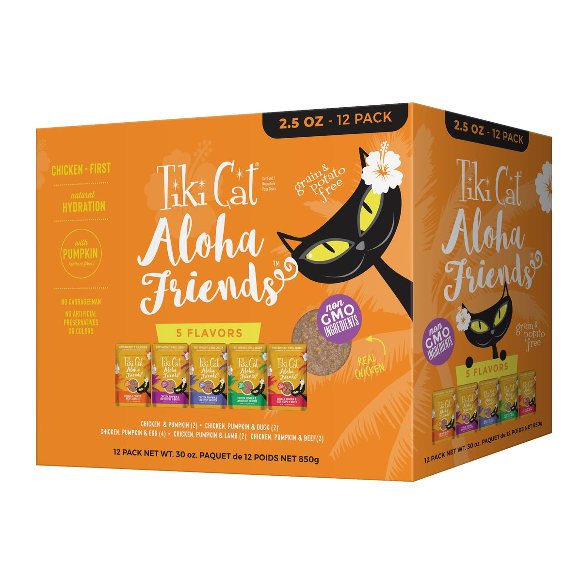 Tiki Cat Aloha Friends variety pack with 12 pouches for flavor variety at mealtime