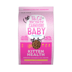 Tiki Cat Born Carnivore Baby kibble closeup shows protein-forward kitten nutrition for growth.