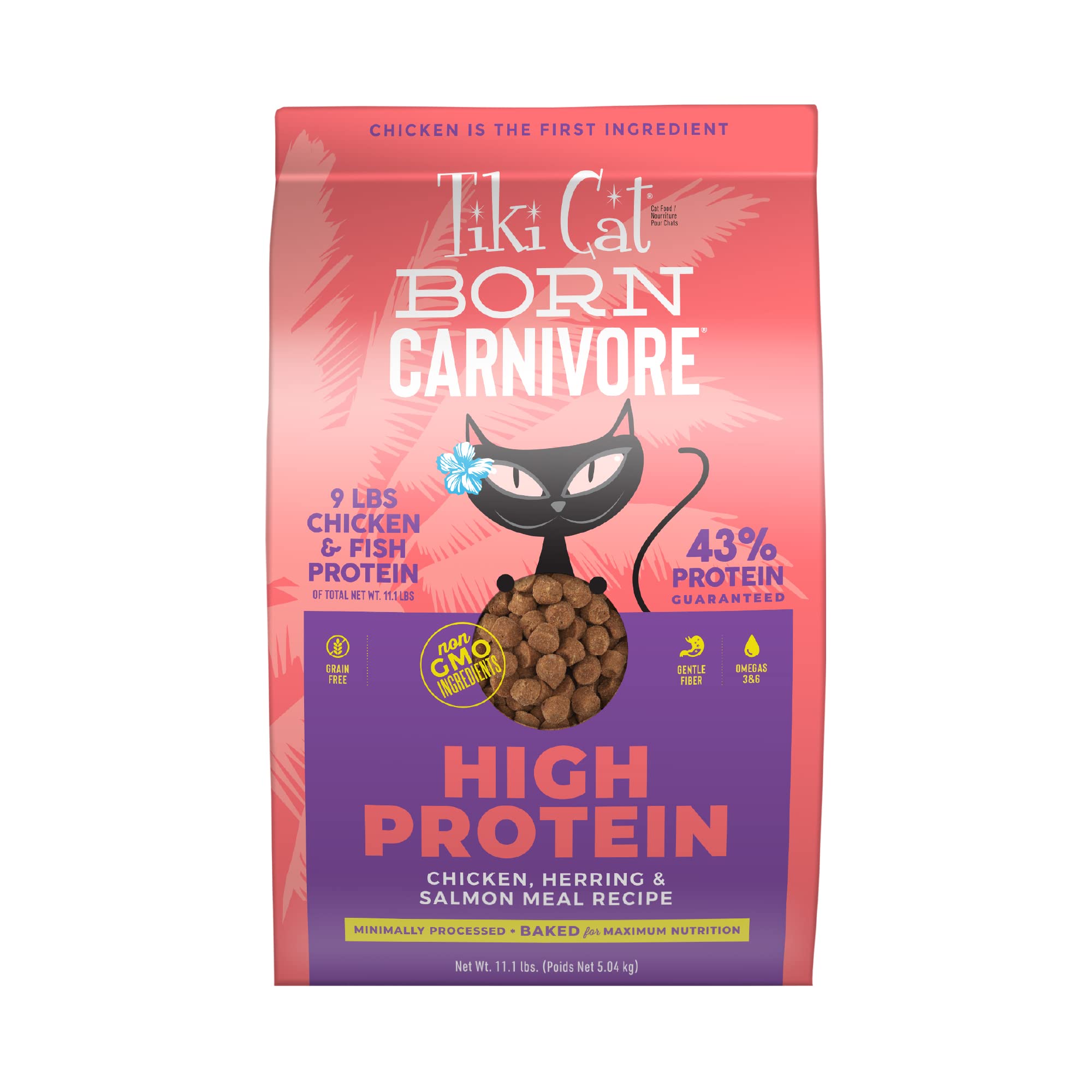 Tiki Cat Born Carnivore baked-nutrition kibble for adult cats preserves flavor and nutrients.