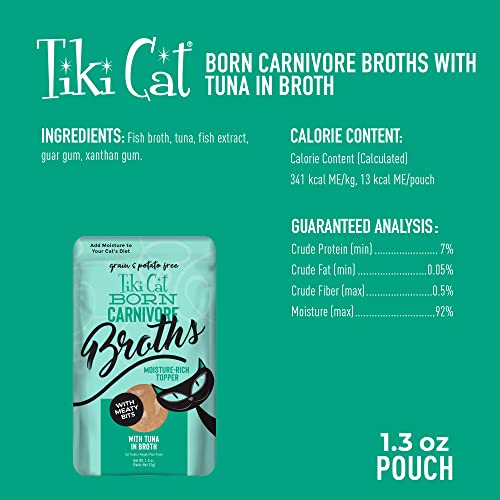 Tiki Cat Born Carnivore Broths Tuna close-up tuna bites in bisque highlight texture.