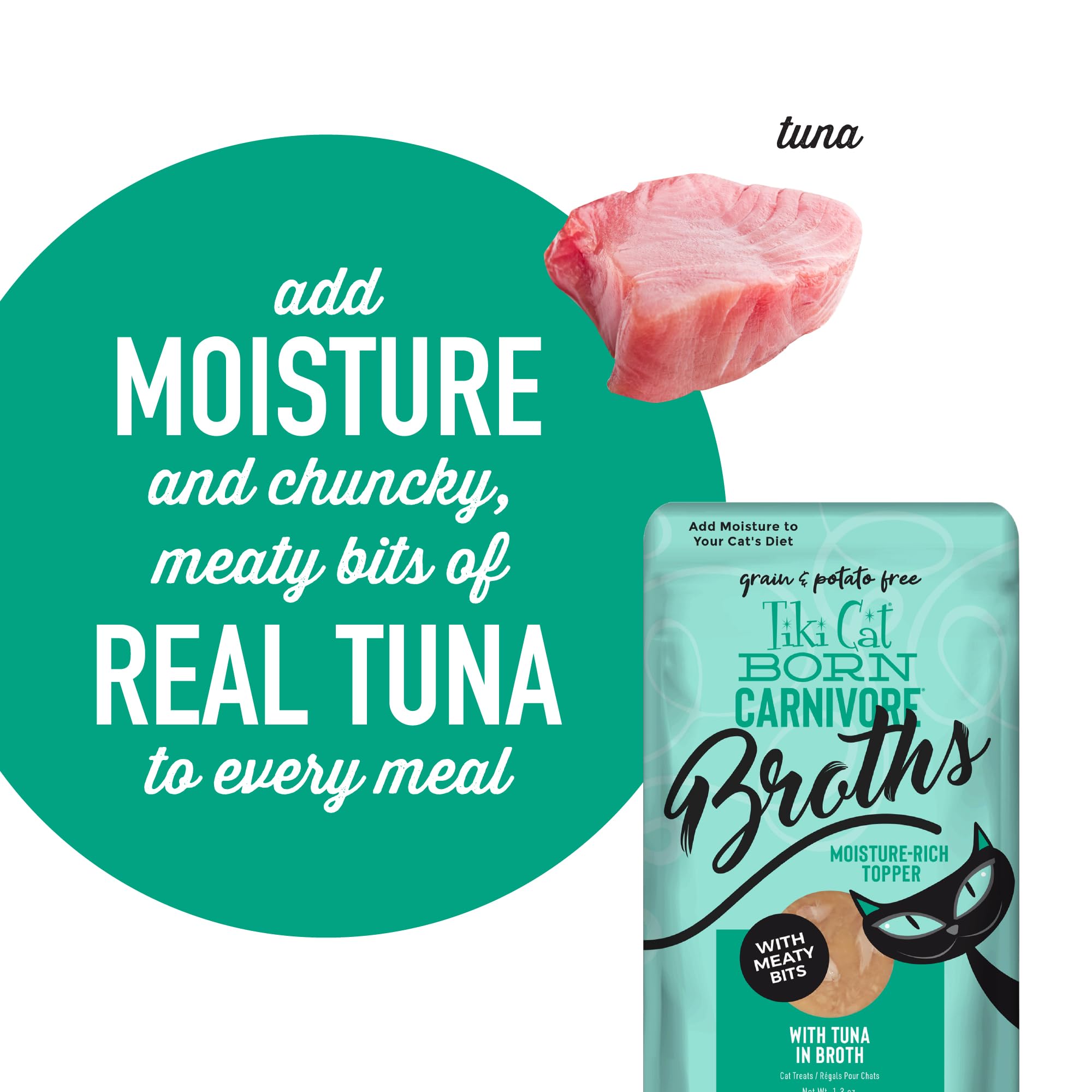 Tiki Cat Born Carnivore Broths Tuna ingredient label highlights quality protein sources.