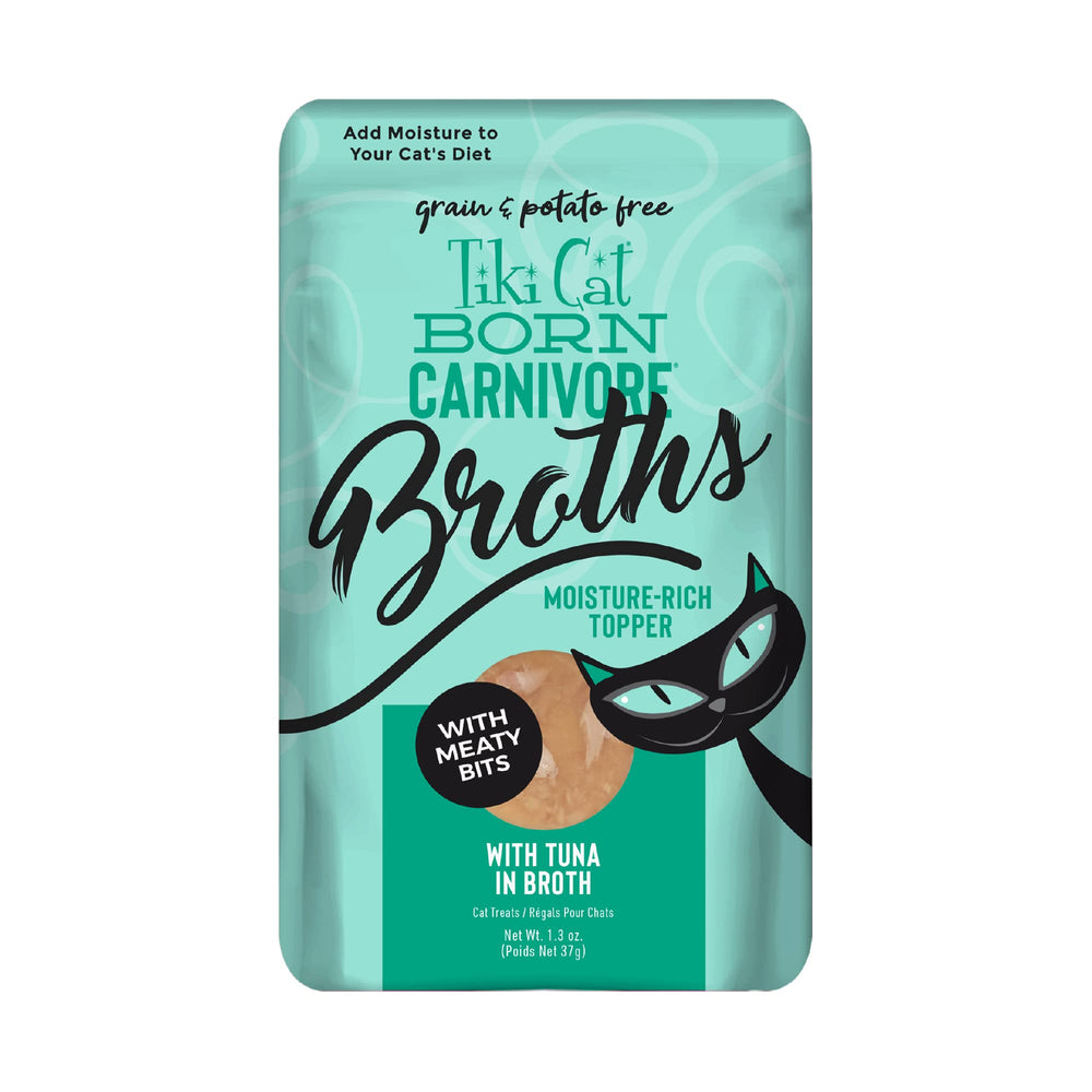 Tiki Cat Born Carnivore Broths Tuna pouch pack offers convenient single-serve hydration for cats.