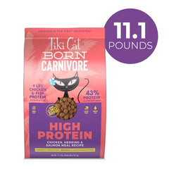 Tiki Cat Born Carnivore chicken-first-ingredient kibble highlights real poultry protein for meals.