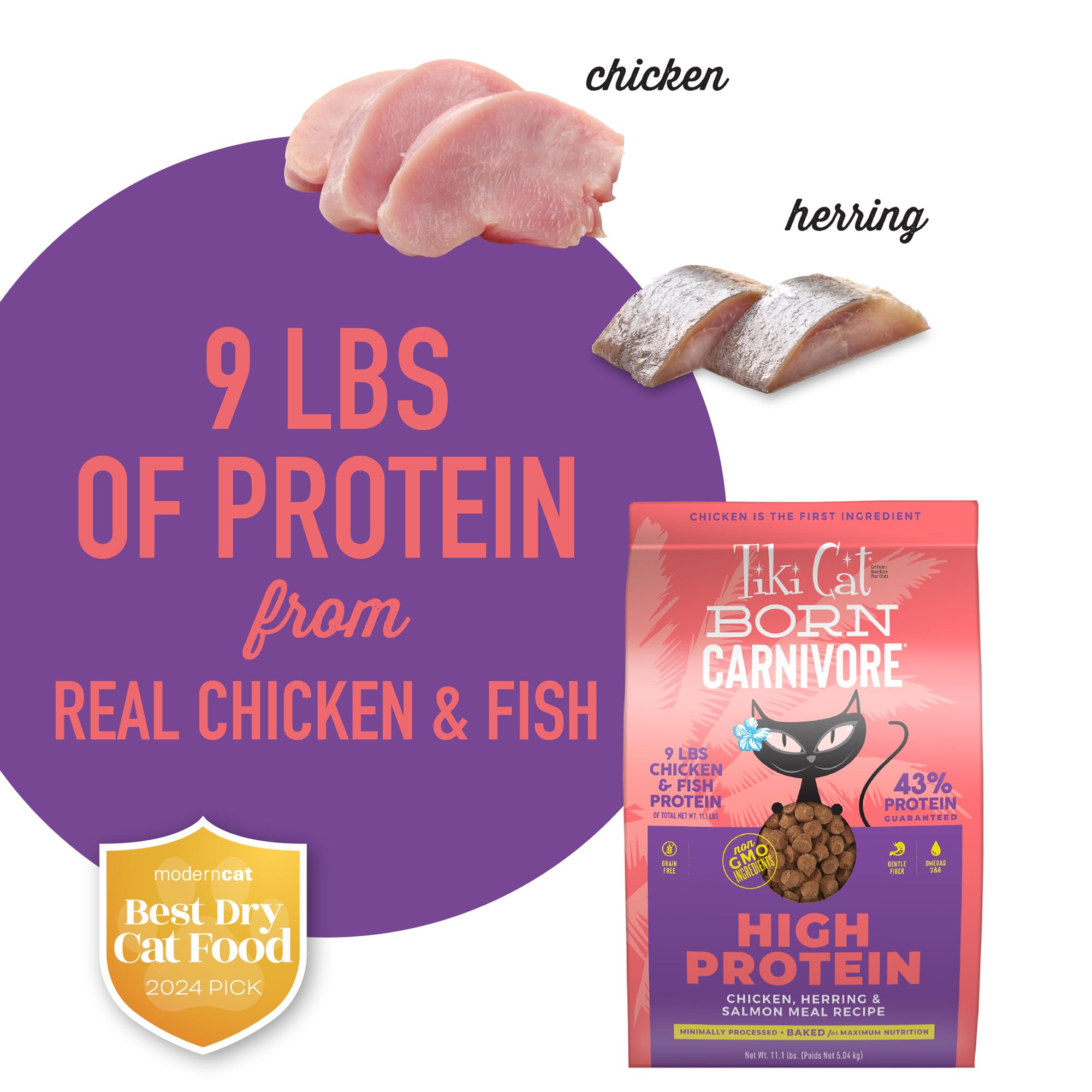 Tiki Cat Born Carnivore egg-protein crunch kibble emphasizes real egg protein for variety.