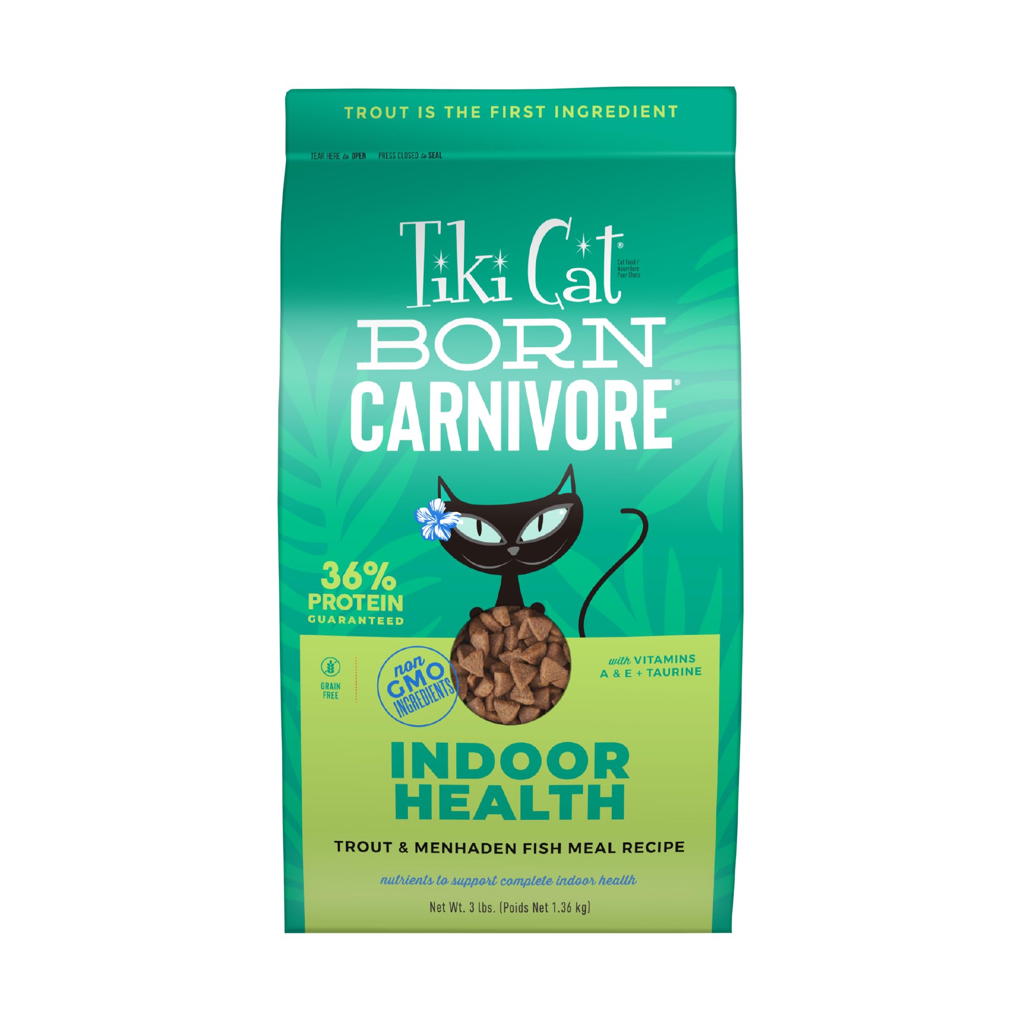 Tiki Cat Born Carnivore Indoor Health bag front showing product and bag design for protein-forward nutrition