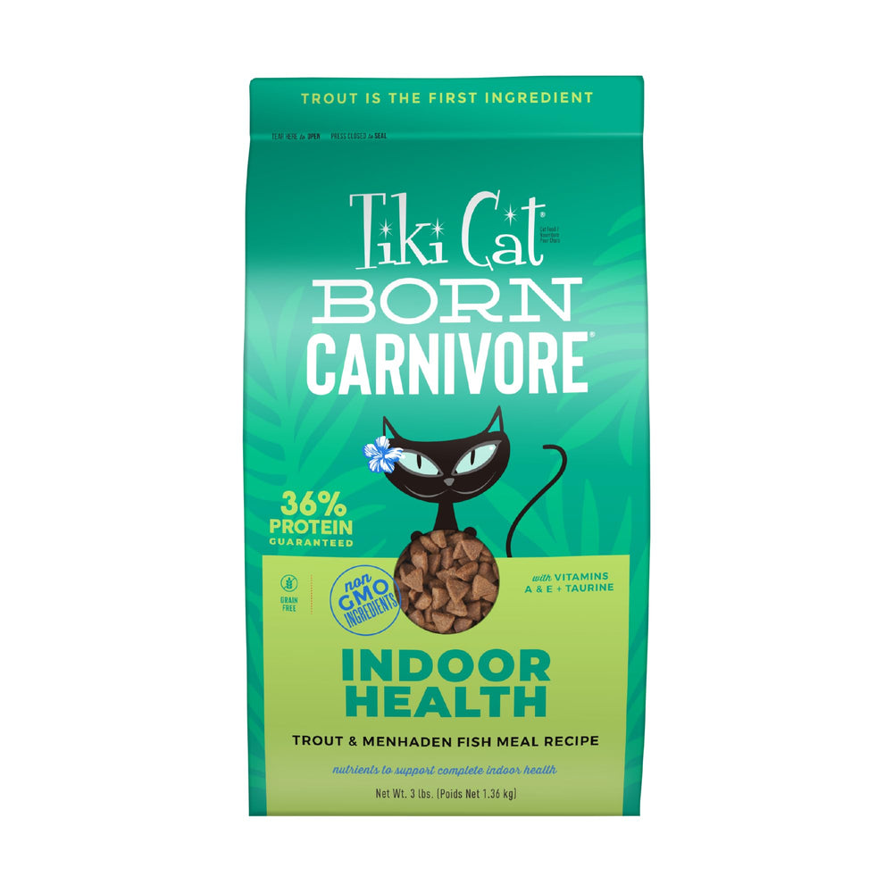 Tiki Cat Born Carnivore Indoor Health bag front showing product and bag design for protein-forward nutrition
