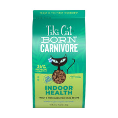 Tiki Cat Born Carnivore Indoor Health bag front showing product and bag design for protein-forward nutrition