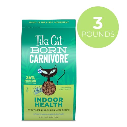 Tiki Cat Born Carnivore Indoor Health real trout ingredient highlight for protein appeal