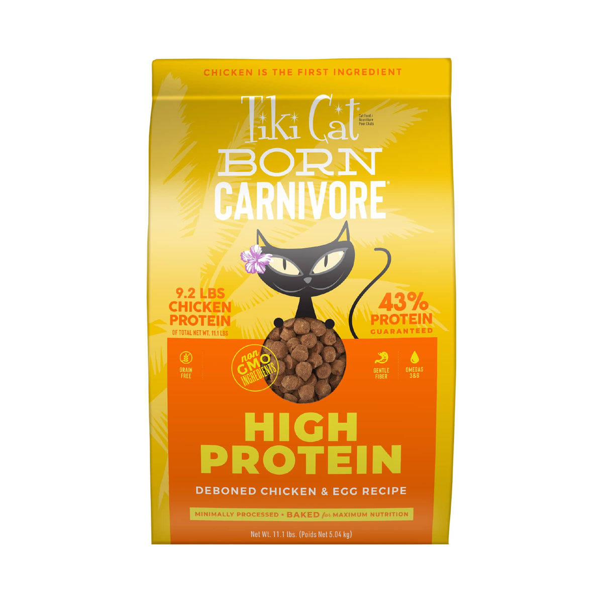 Tiki Cat Born Carnivore kibble closeup highlighting real chicken for protein.