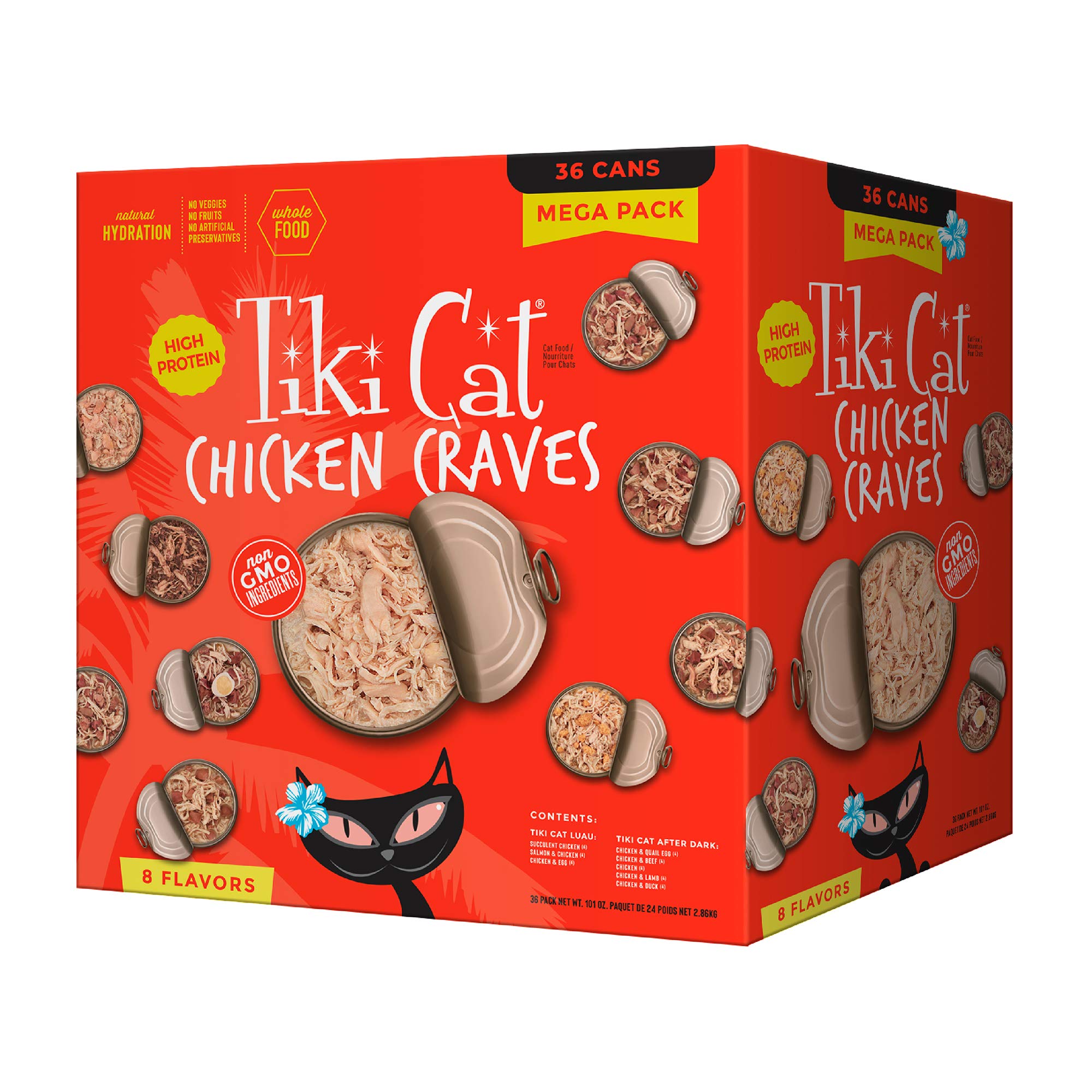 Tiki Cat Chicken Craves Mega Pack front cans highlight high-protein meals for carnivorous cats.