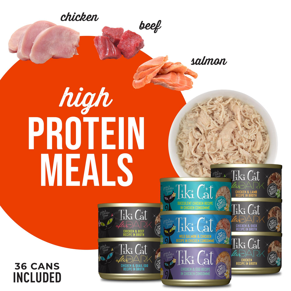 Tiki Cat grain-free potato-free formula image highlights carnivore-appropriate nutrition.