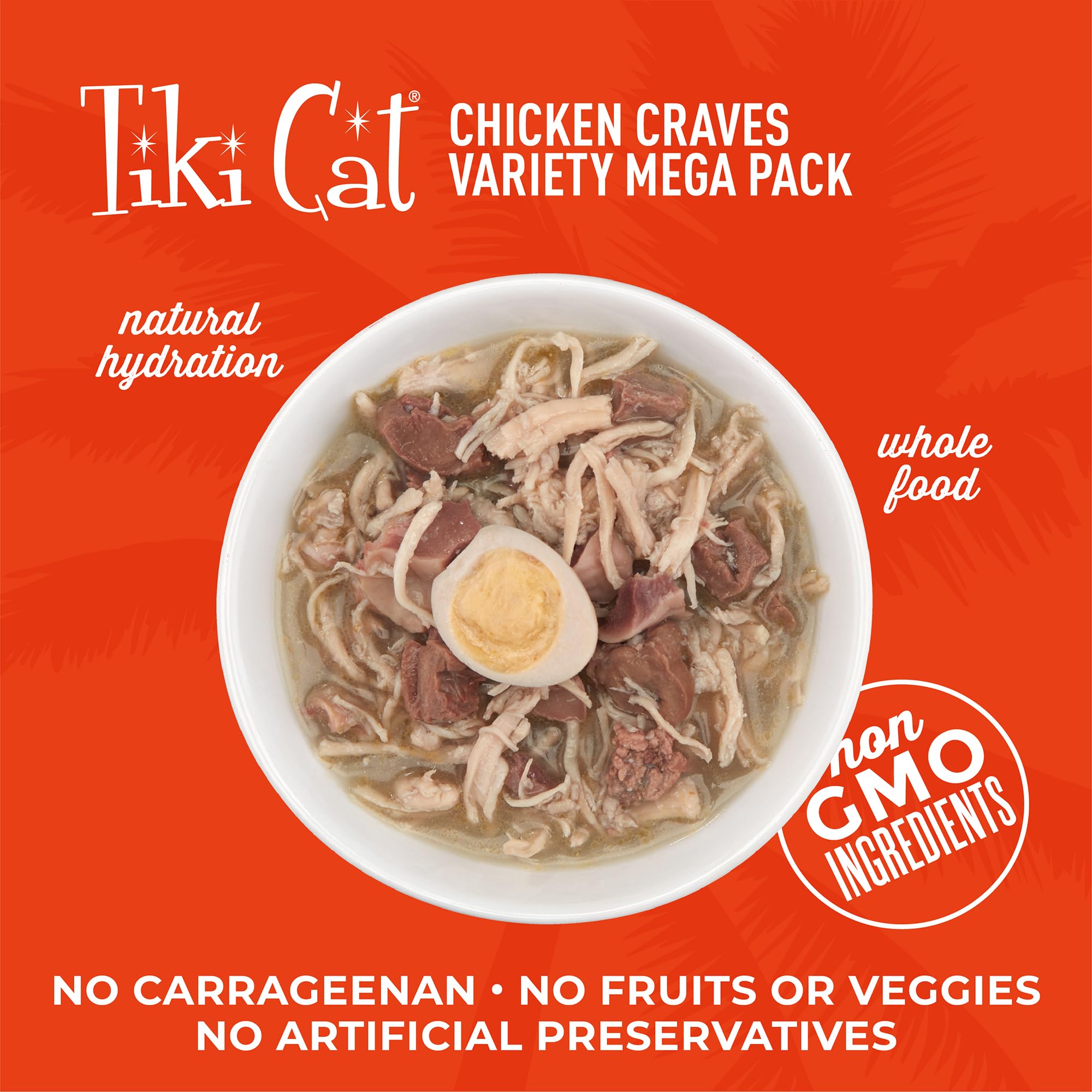 Tiki Cat high-protein meat-first ingredient label focuses on carnivore-friendly nutrition.
