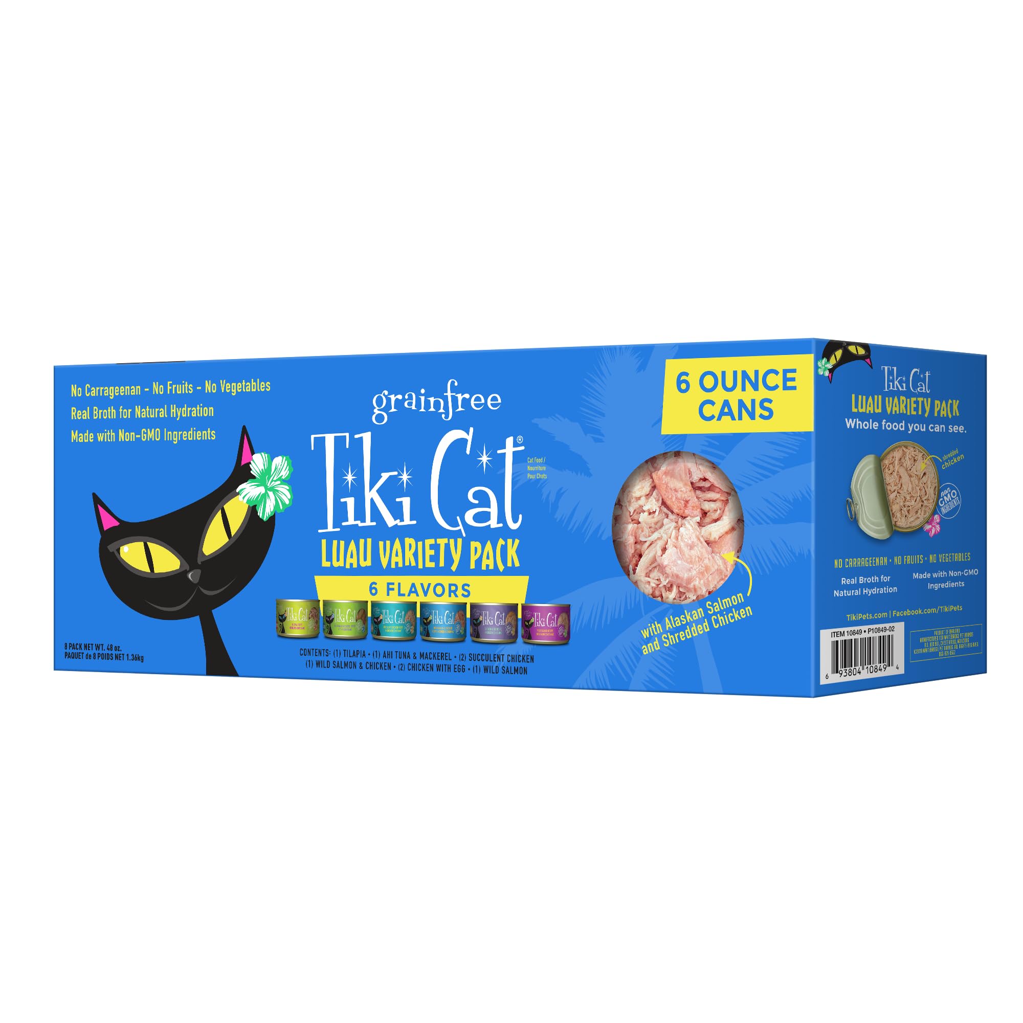 Tiki Cat Luau variety pack can with chicken and salmon in consommé for hydration