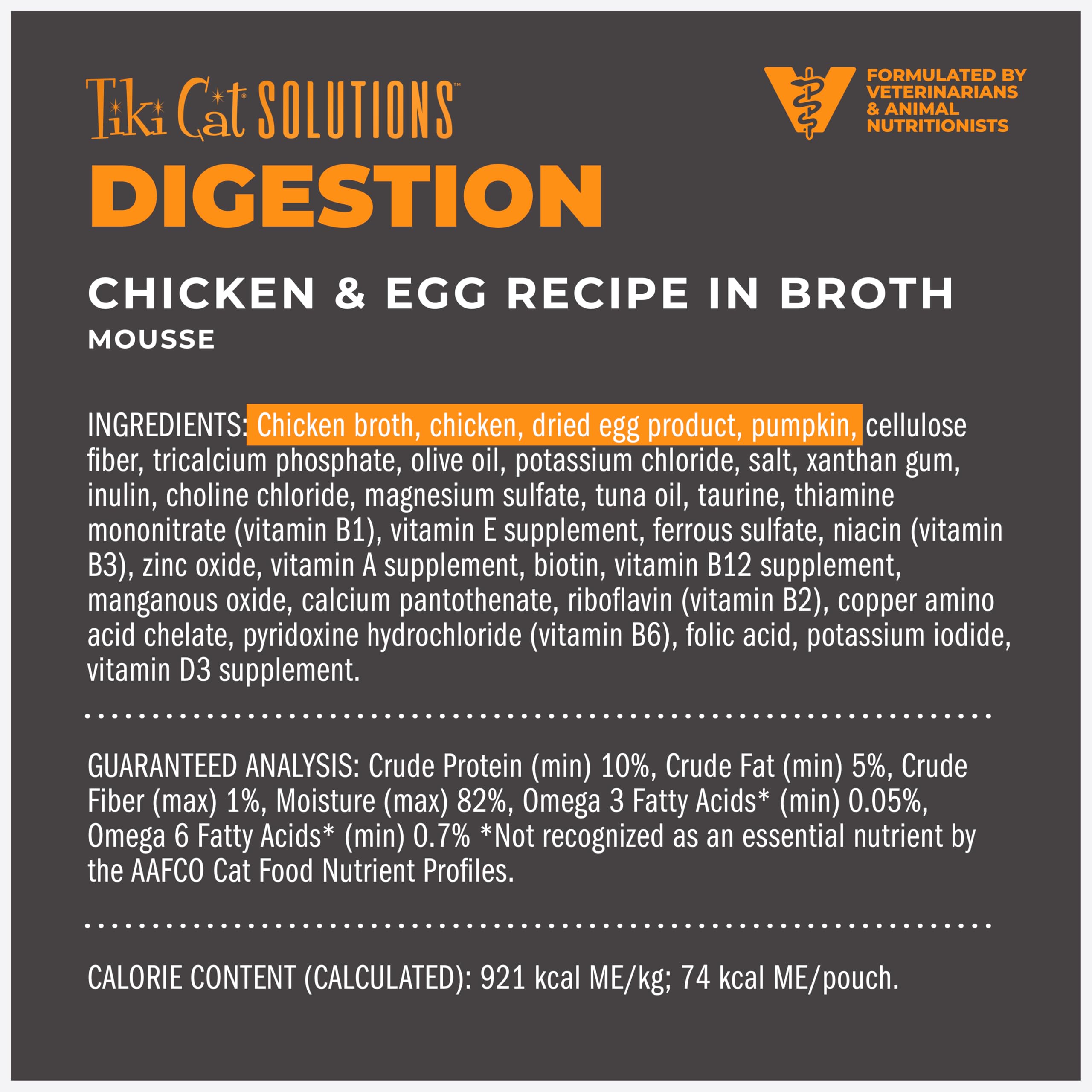 Tiki Cat Solutions Digestion Mousse features real chicken and egg protein