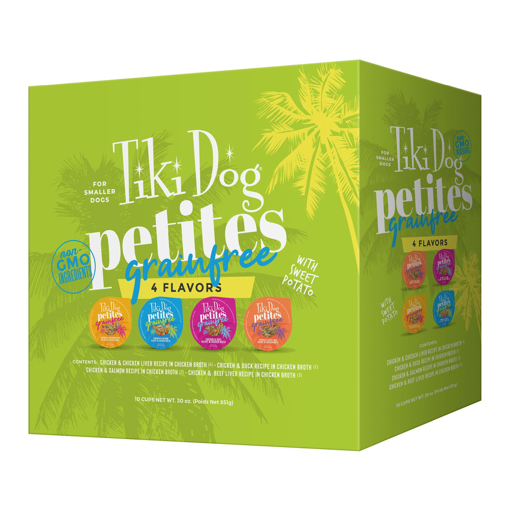 Tiki Dog Petites Grain Free Variety Pack cups shown for small breeds, convenient feeding