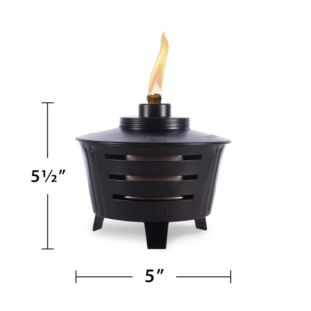 TIKI Mini Pit Table Torch with mosquito-repellent fuel promotes comfortable outdoor time.
