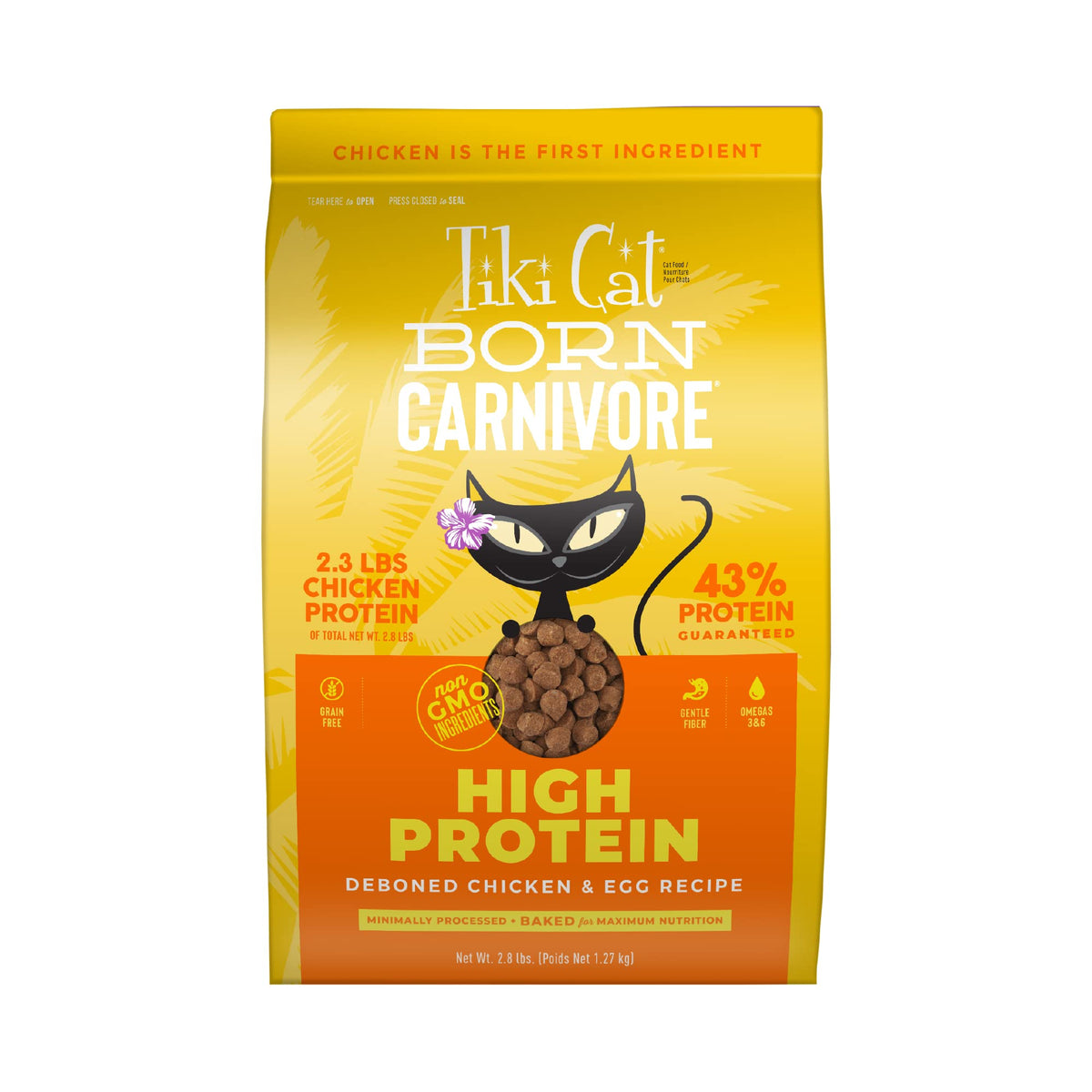 Tiki Cat Born Carnivore deboned chicken and egg kibble close-up for protein-rich meals