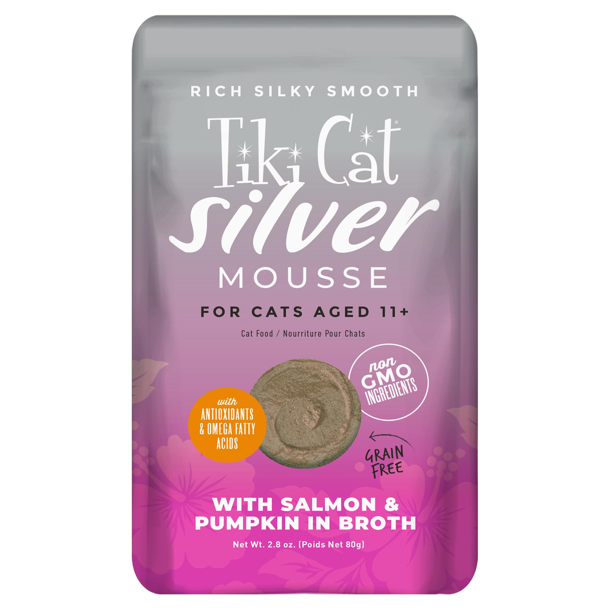 Tiki Cat Silver Mousse senior pouch front view showing hydration support