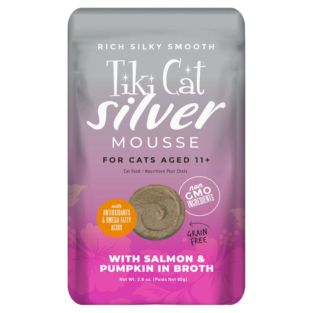 Tiki Cat Silver Mousse senior pouch front view showing hydration support