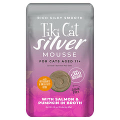 Tiki Cat Silver Mousse senior pouch front view showing hydration support