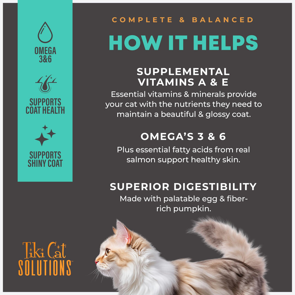 Tiki Pets Tiki Cat Solutions Mousse Salmon omega fatty acids graphic on pack