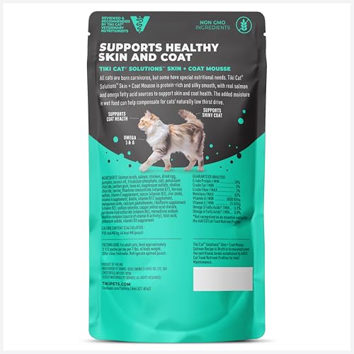 Tiki Pets Tiki Cat Solutions Mousse Salmon pouch label highlights omega-rich formula
