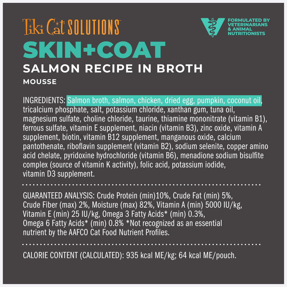 Tiki Pets Tiki Cat Solutions Mousse Salmon serving with cat enjoying meal