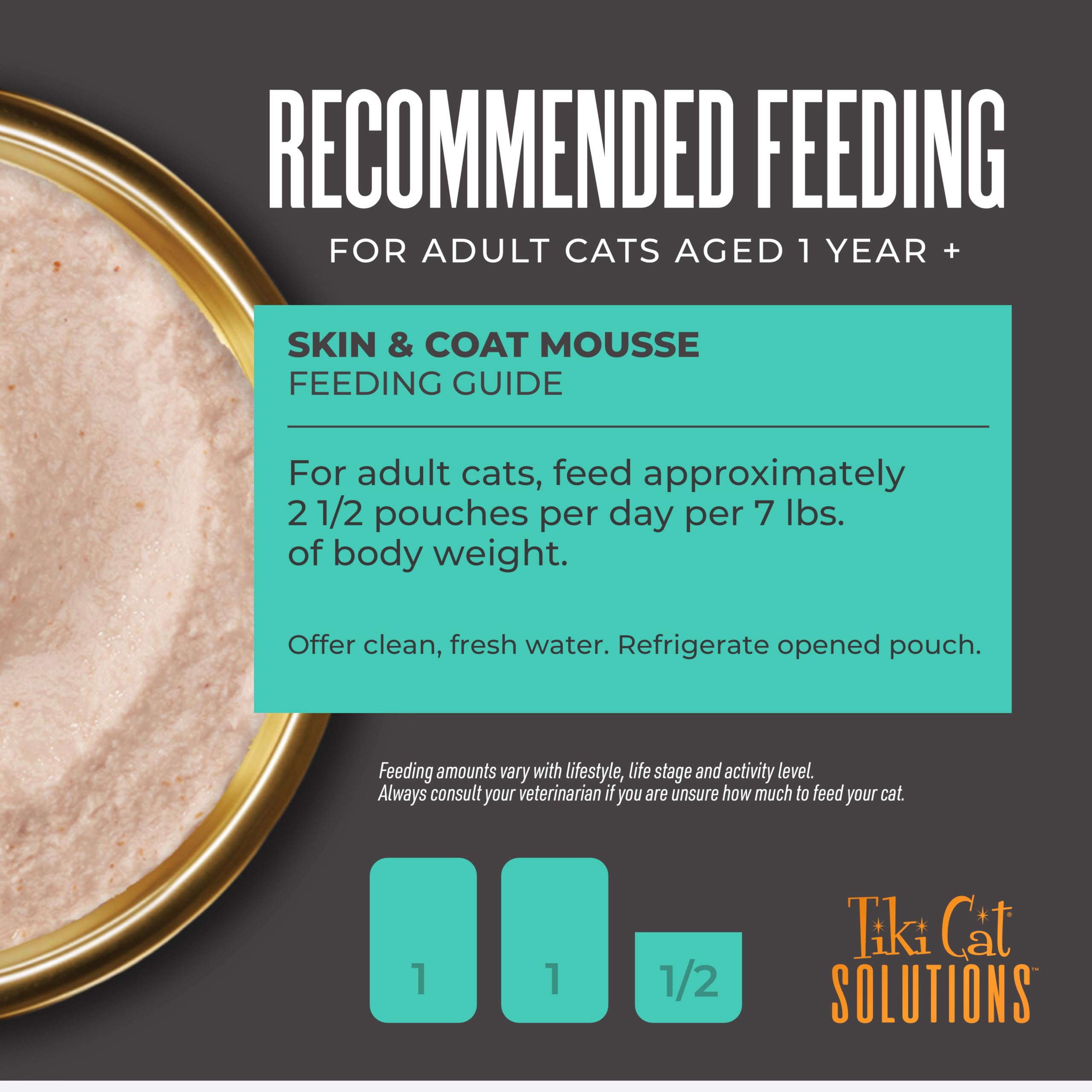Tiki Pets Tiki Cat Solutions Mousse Salmon vitamins A & E shown on label