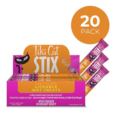 Tiki Pets Tiki Cat Stix mousse chicken in creamy gravy treat.