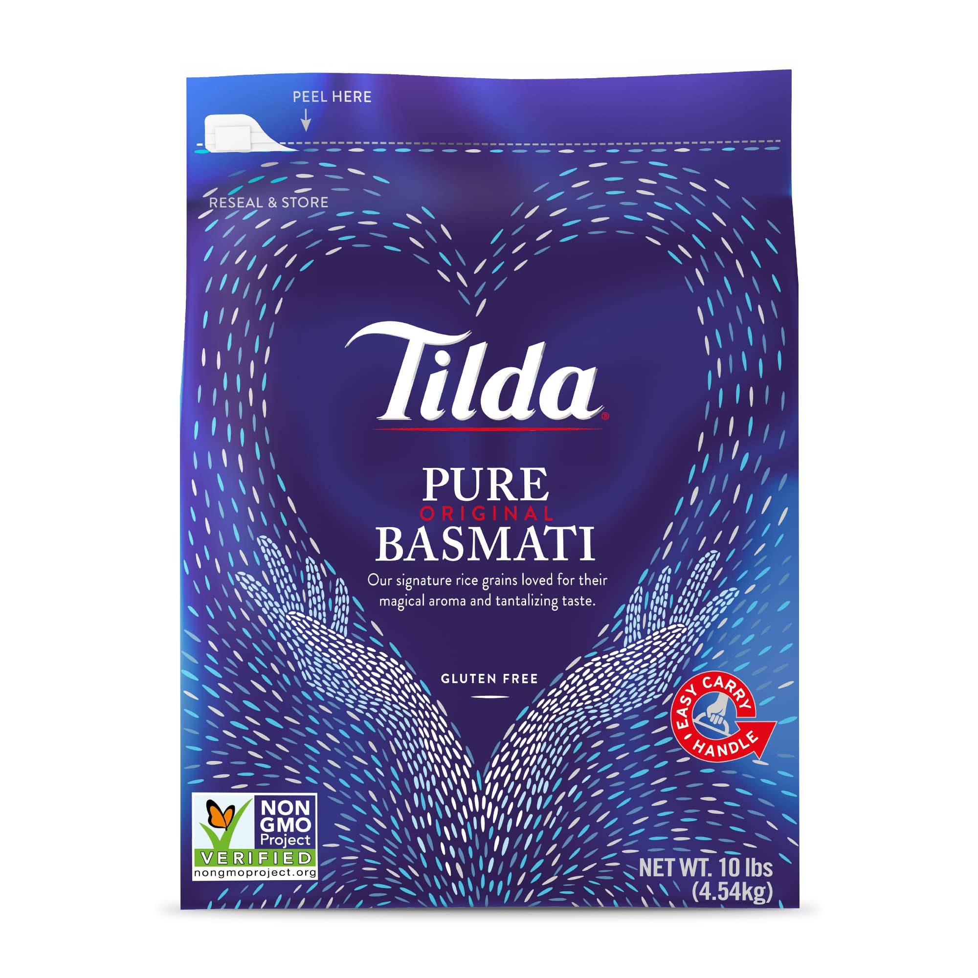 Tilda Pure Basmati Rice bag on kitchen counter with resealable packaging preserving freshness.