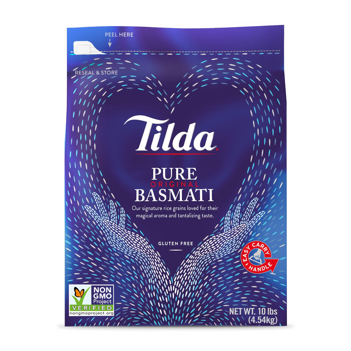 Tilda Pure Basmati Rice bag on kitchen counter with resealable packaging preserving freshness.