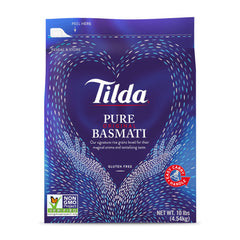 Tilda Pure Basmati Rice bag on kitchen counter with resealable packaging preserving freshness.