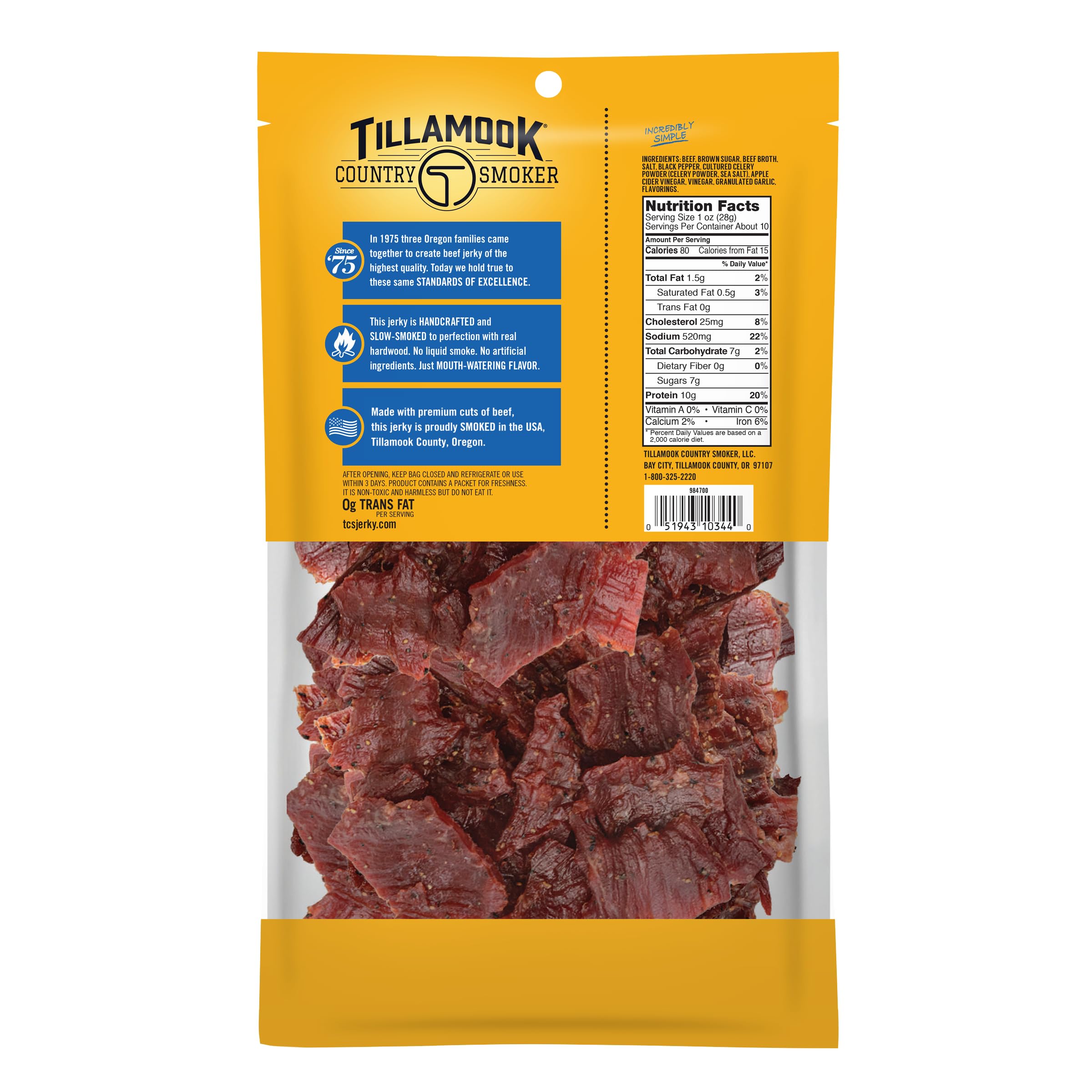 Tillamook Country Smoker 10-oz jerky pack illustrates convenient, on-the-go protein.