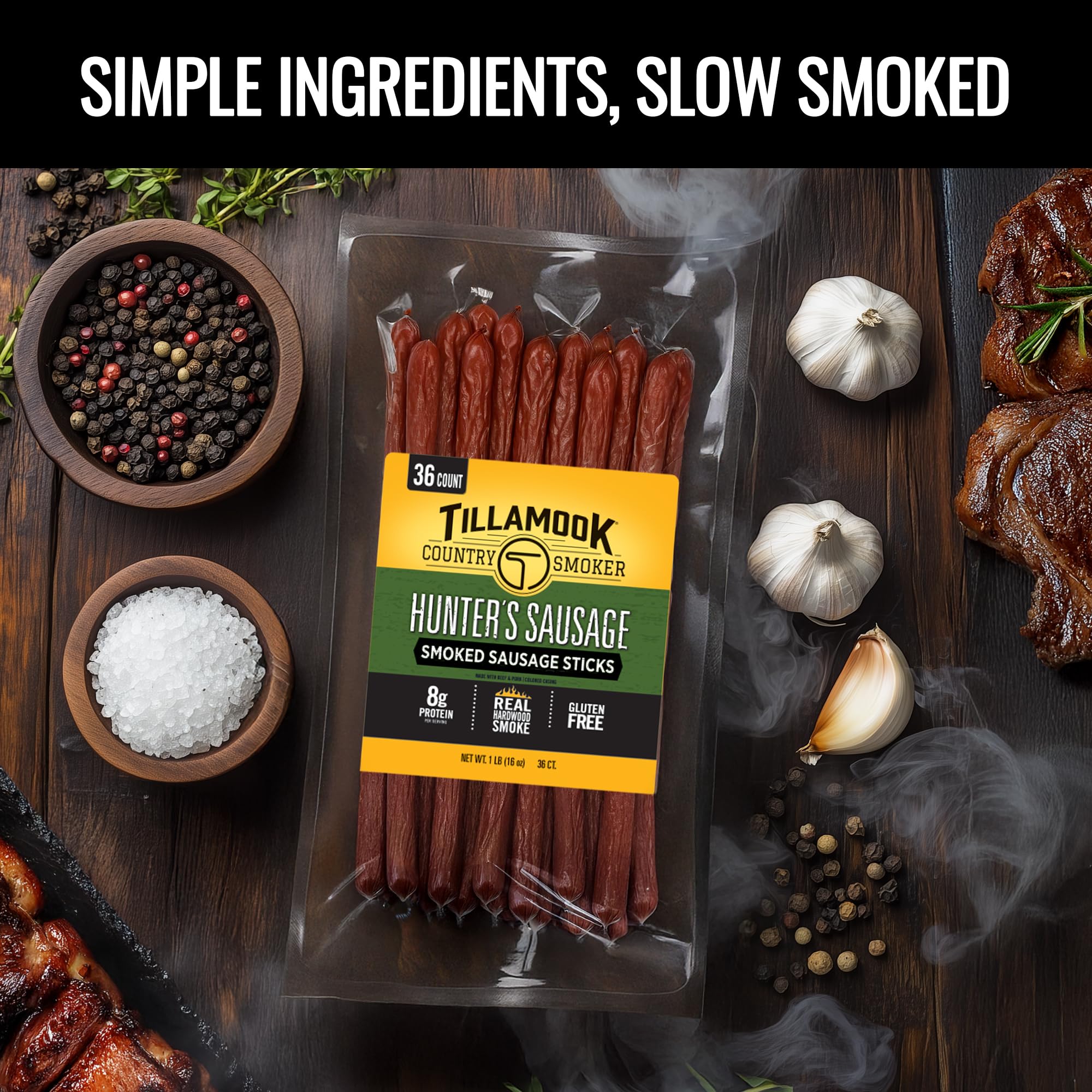 Tillamook Hunters Sausage showing 8g protein per serving in a ready-to-eat stick.