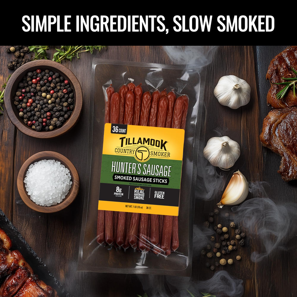 Tillamook Hunters Sausage showing 8g protein per serving in a ready-to-eat stick.