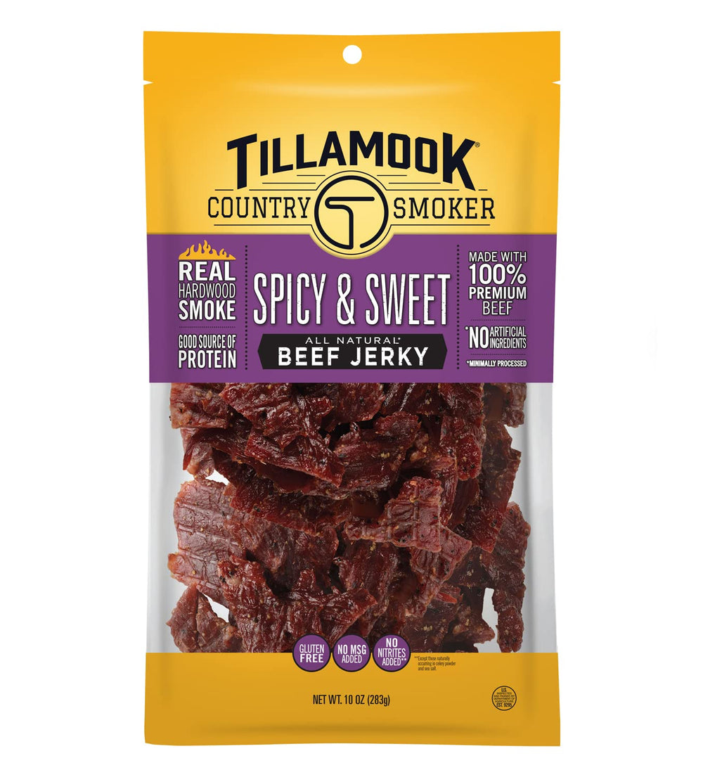 Tillamook Country Smoker beef jerky bag front shows spicy and sweet flavor promise.