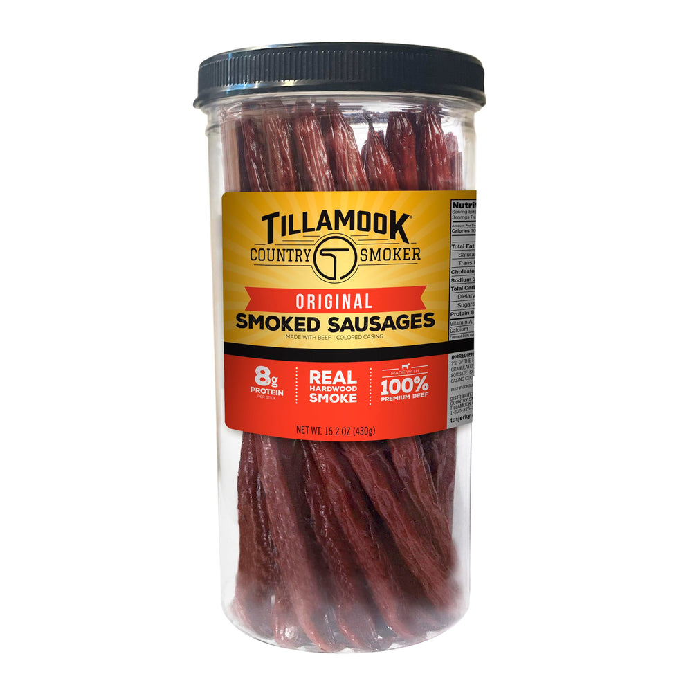 Tillamook Country Smoker original beef sausages jar front view for on-the-go protein.