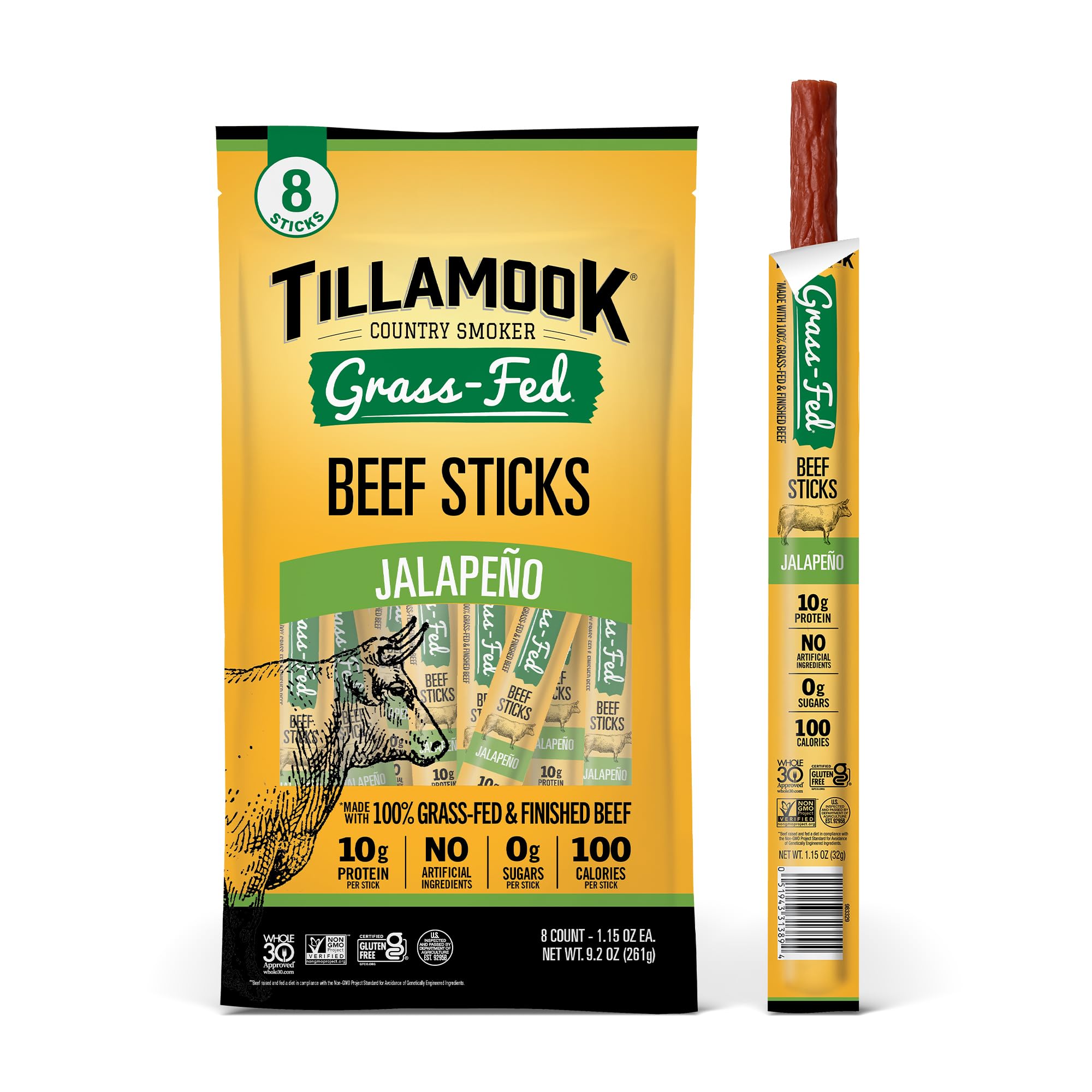Tillamook Country Smoker jalapeno grass-fed beef stick pack, bold flavor and zero sugar