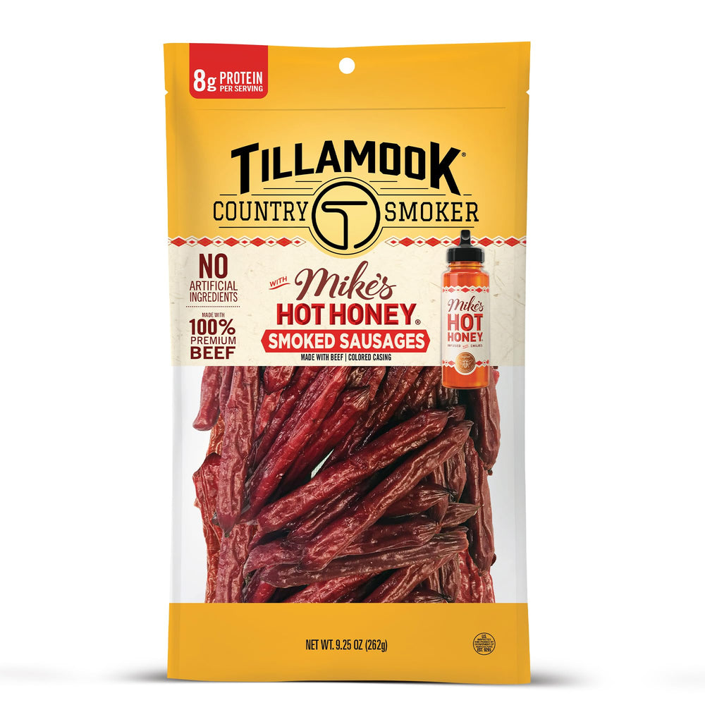 Tillamook Country Smoker Mikes Hot Honey beef sausage packaging showing bold sweet-spicy flavor