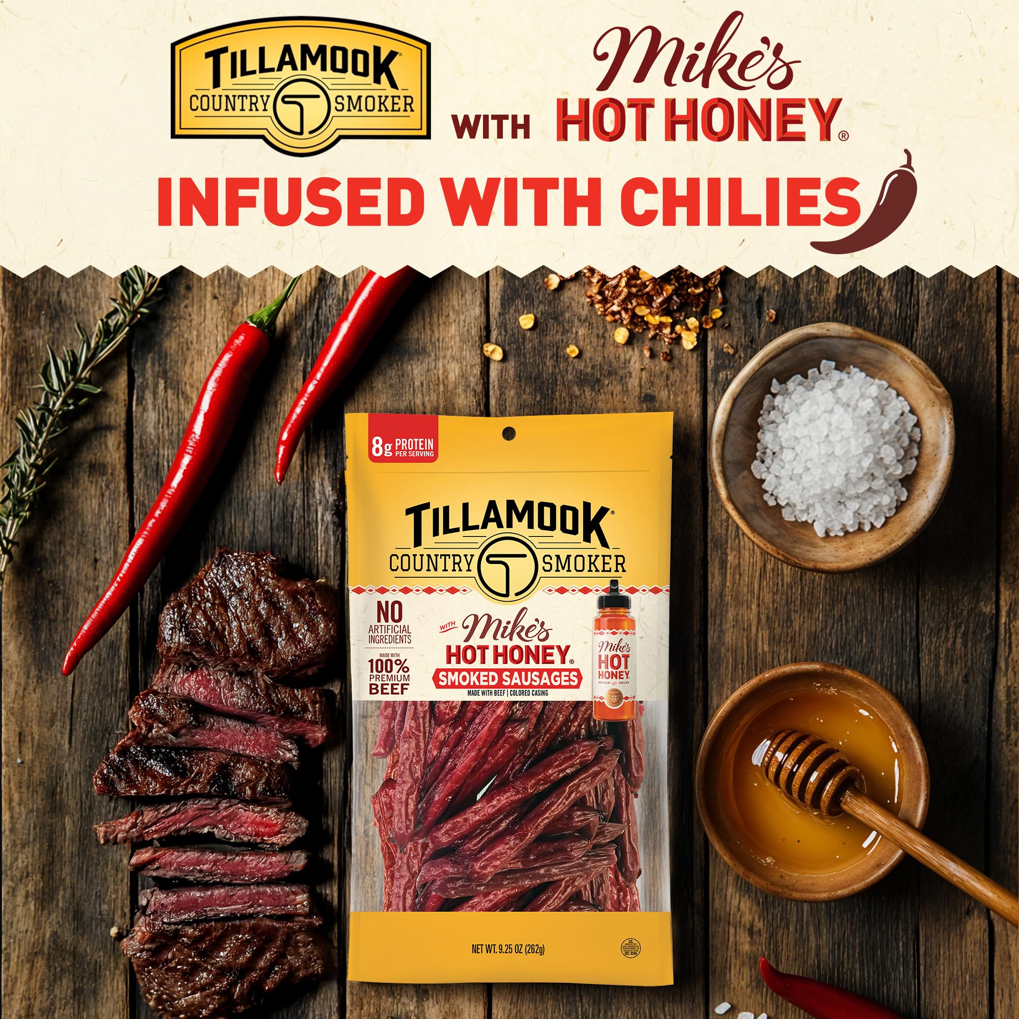 Tillamook Country Smoker Mikes Hot Honey beef sausage serving outdoors