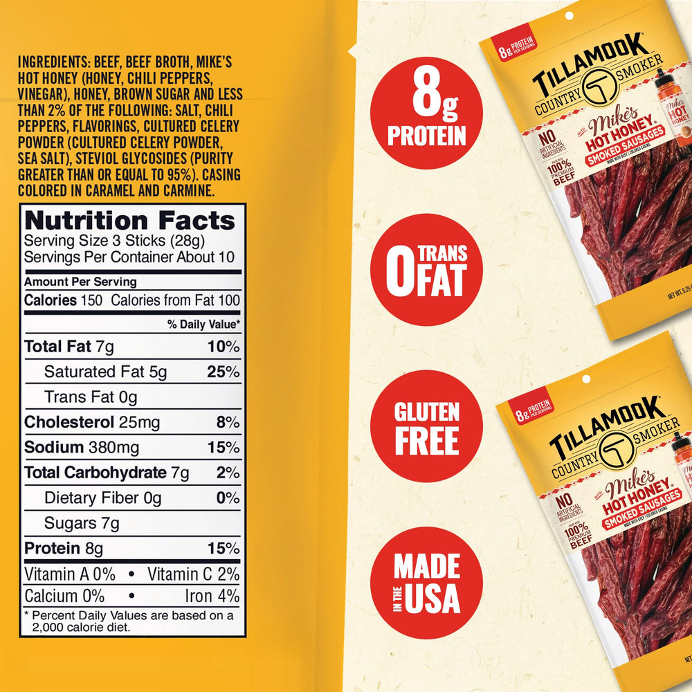 Tillamook Country Smoker Mikes Hot Honey beef sausage slices ready for snacking