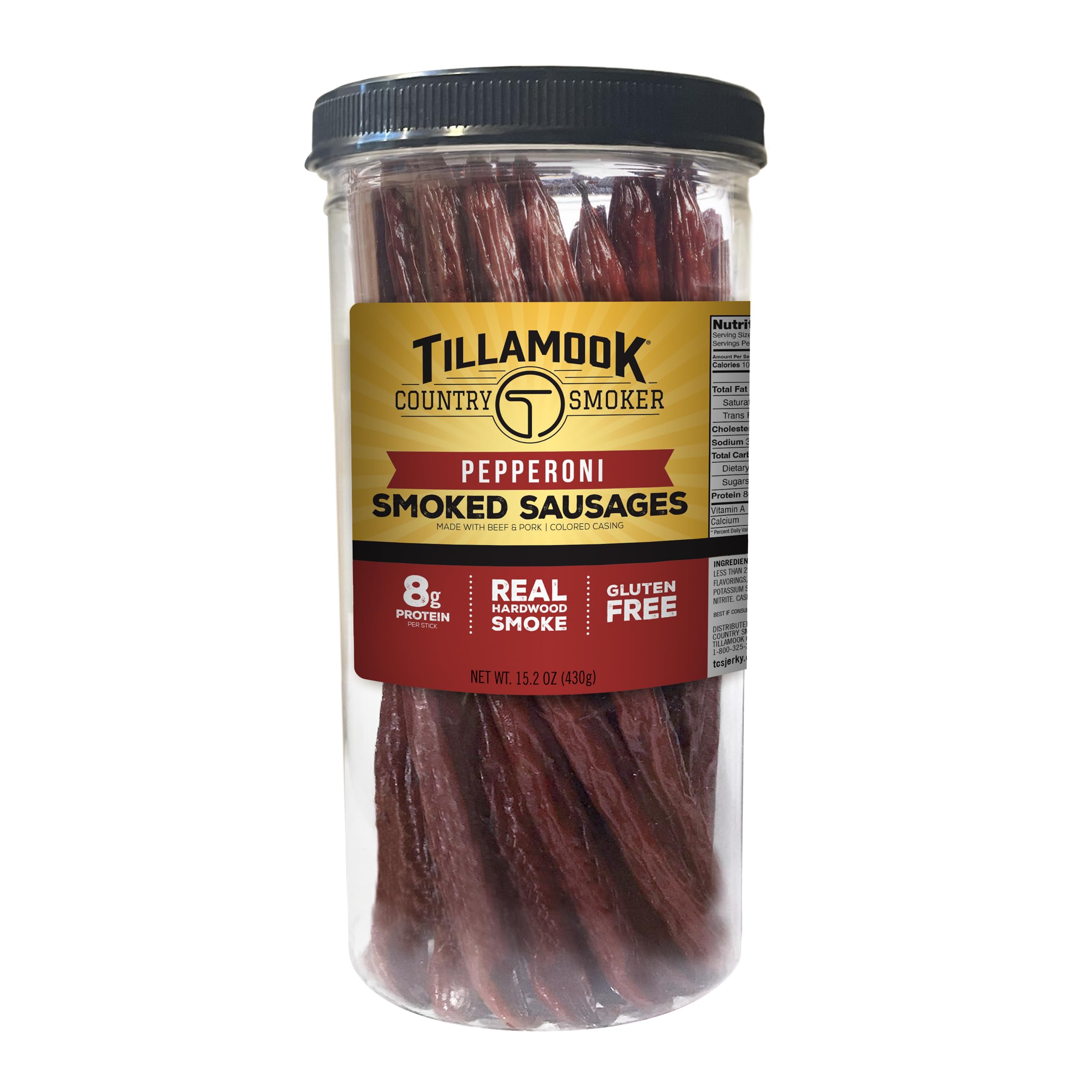 Tillamook Country Smoker pepperoni sticks in a jar front, convenient protein snack.