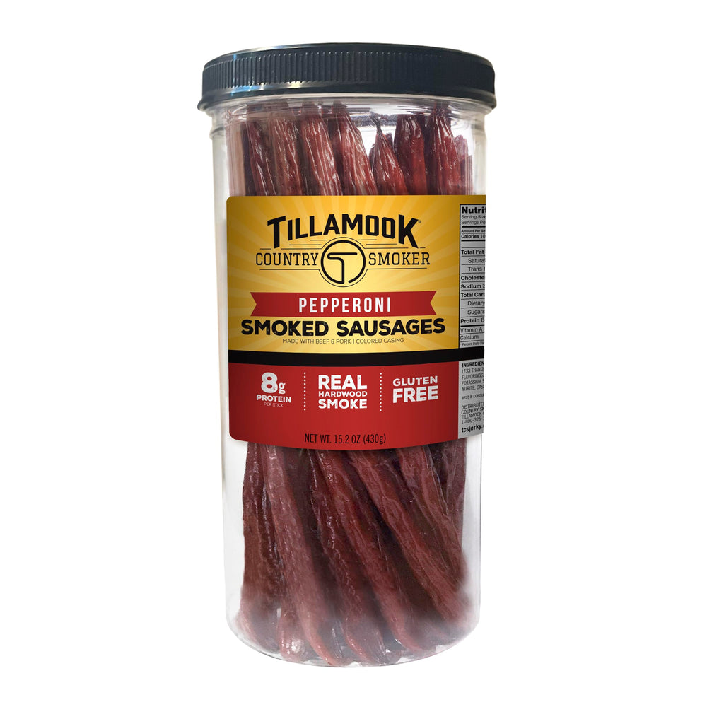 Tillamook Country Smoker pepperoni sticks in a jar front, convenient protein snack.