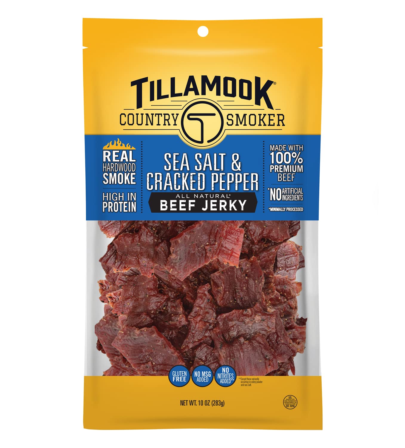 Tillamook Country Smoker sea salt cracked pepper jerky bag showcases savory flavor and protein.