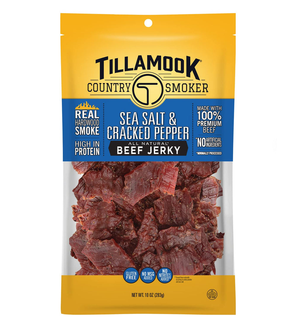 Tillamook Country Smoker sea salt cracked pepper jerky bag showcases savory flavor and protein.
