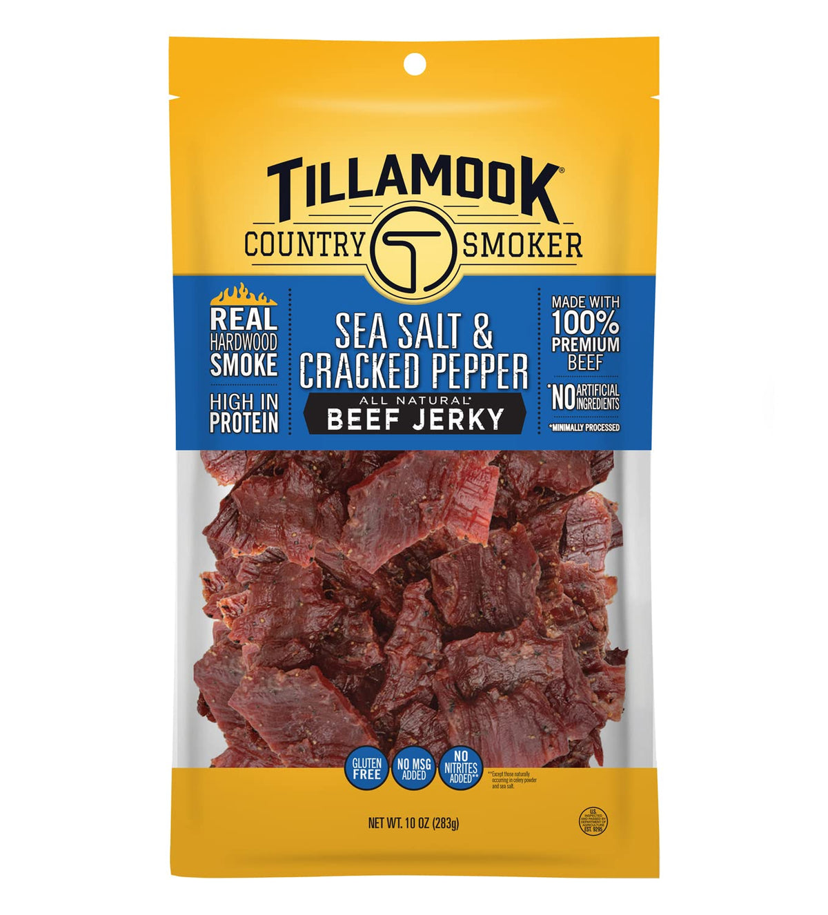 Tillamook Country Smoker sea salt cracked pepper jerky bag showcases savory flavor and protein.