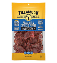 Tillamook Country Smoker sea salt cracked pepper jerky bag showcases savory flavor and protein.