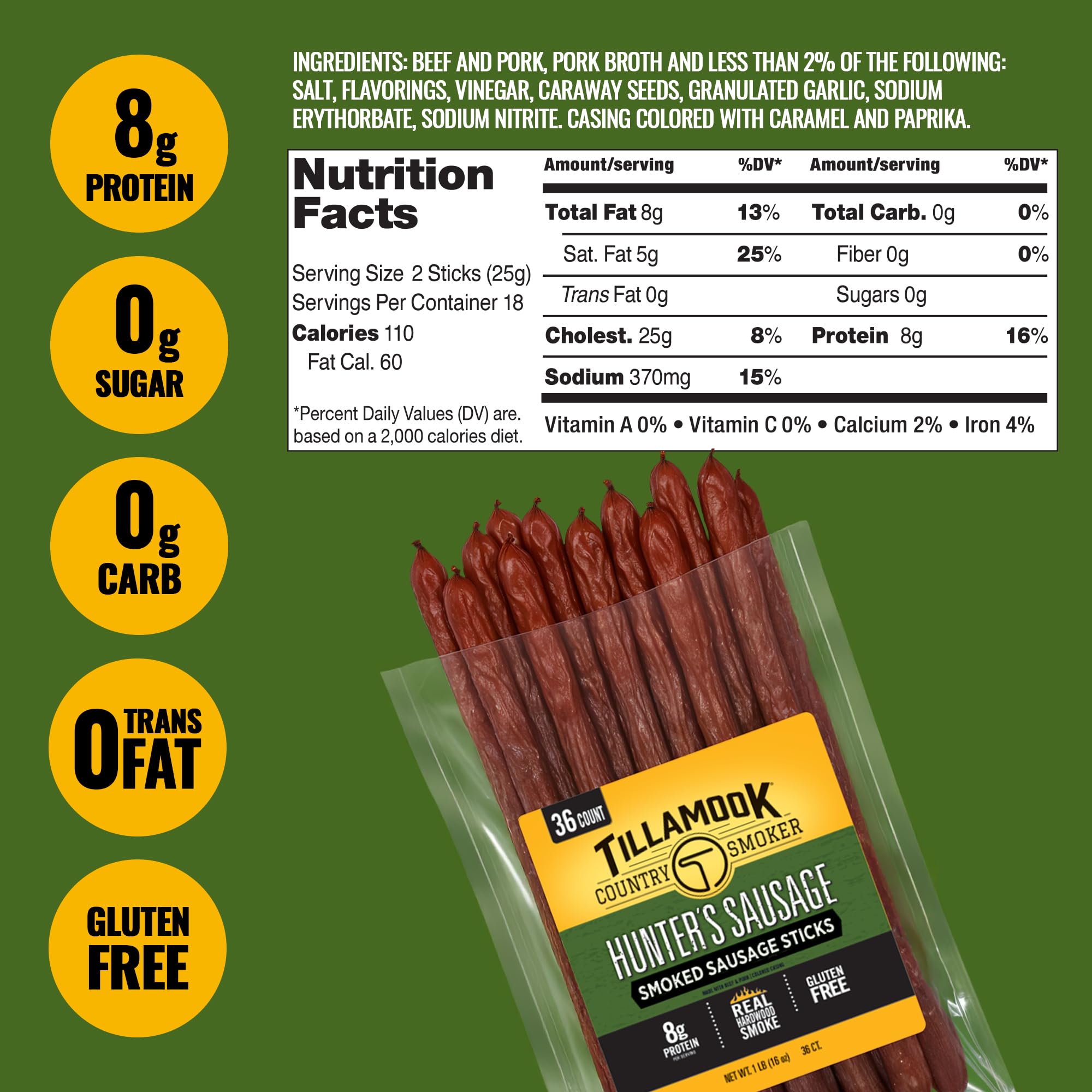 Close-up of Tillamook Country Smoker smoked sausage showing rich color and texture.