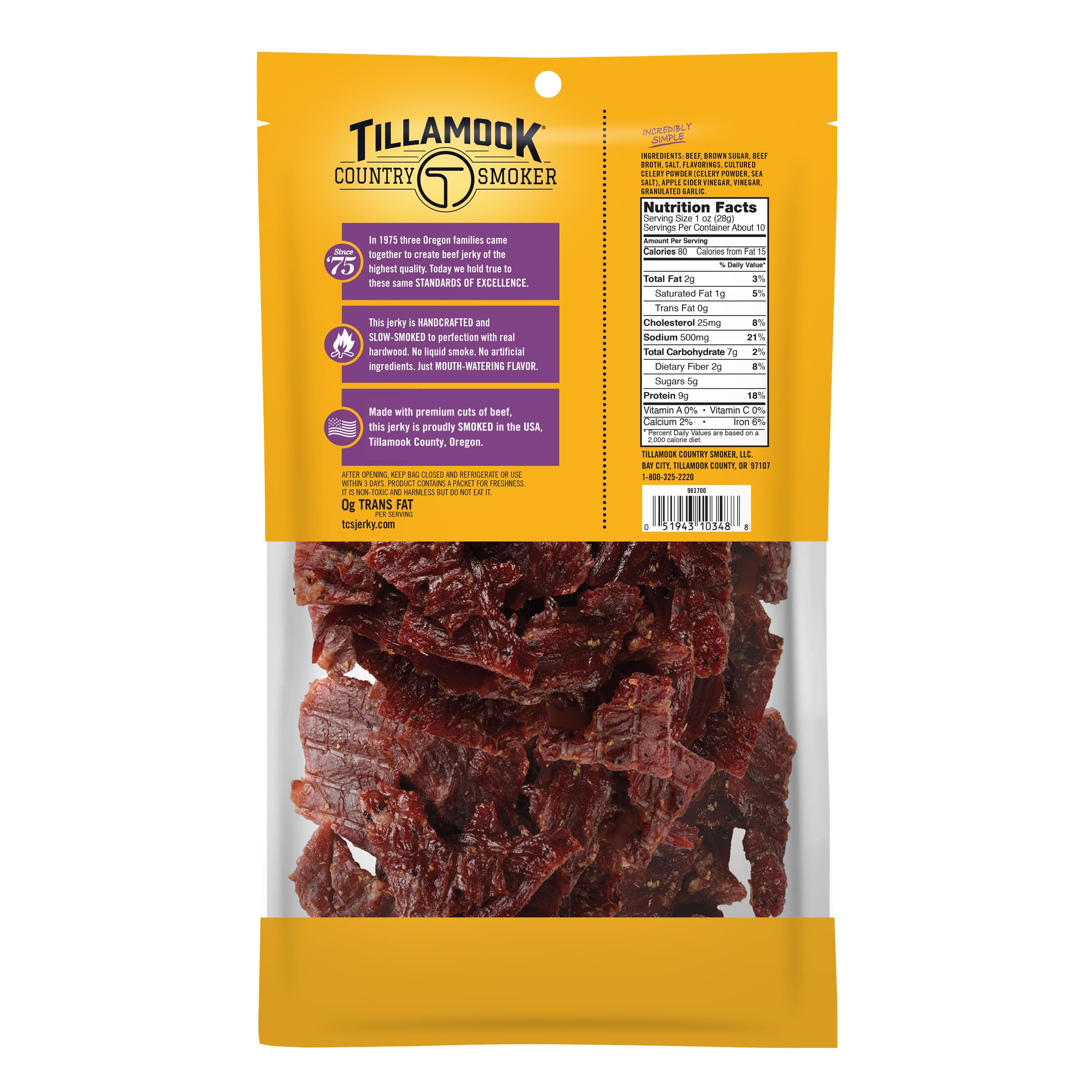 Close-up of jerky texture reveals tender bite from real hardwood smoke.